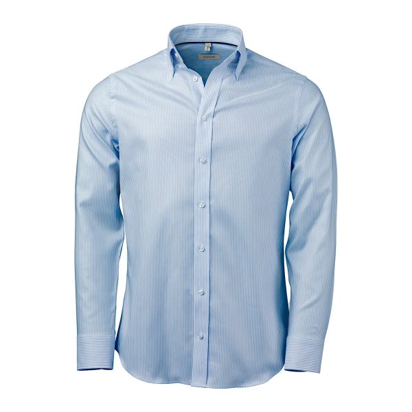 Zoom bild av Light blue/white striped stretch oxford shirt, slimfit